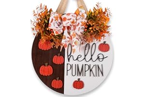 UIONML 3D Hello Pumpkin Wooden Sign, Fall Outdoor Wreath for Front Door with Bow & Wreath | Fall Autumn Harvest Farmhouse Hanging Decor | Indoor Outdoor Porch, Wall, Home Decor