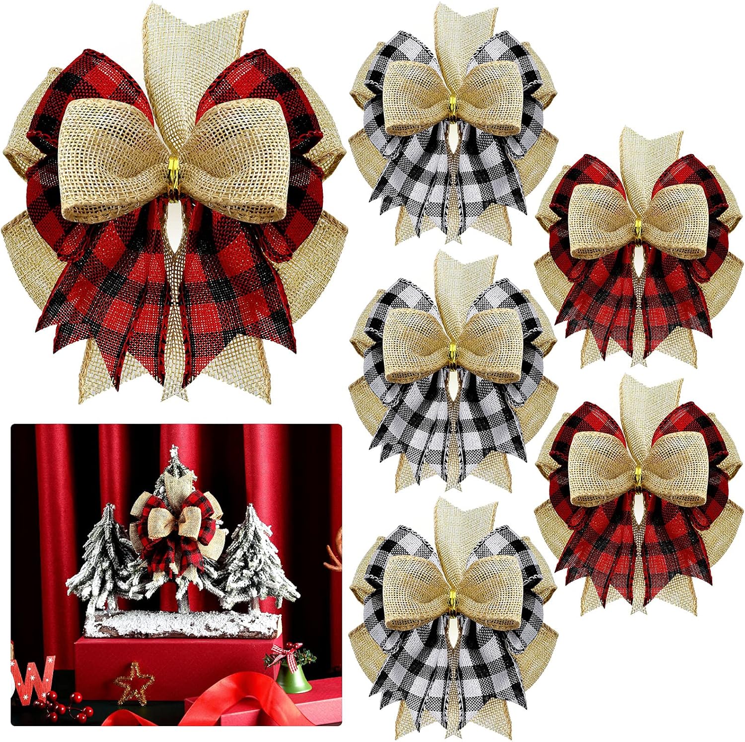 Bows & Ribbons - 6 Pieces Christmas Burlap Wreaths Bows Plaid Burlap Bows Double Layed Bows Christmas Tree Topper Bows for Front Door Holiday Wedding Christmas Thanksgiving Decorations (Black and White, Red and Black)
