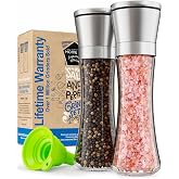 Home EC Premium Stainless Steel Sea Salt and Pepper Grinder Set of 2 - Adjustable Ceramic - Tall Glass Salt and Pepper Shakers - Kitchen Spice Mill W/Funnel &amp; EBook