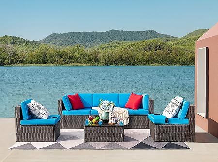 Amazon Com Devoko Patio Furniture Sets 6 Pieces Outdoor Sectional Rattan Sofa Manual Weaving Wicker Patio Conversation Set With Glass Table And Cushion Blue Garden Outdoor