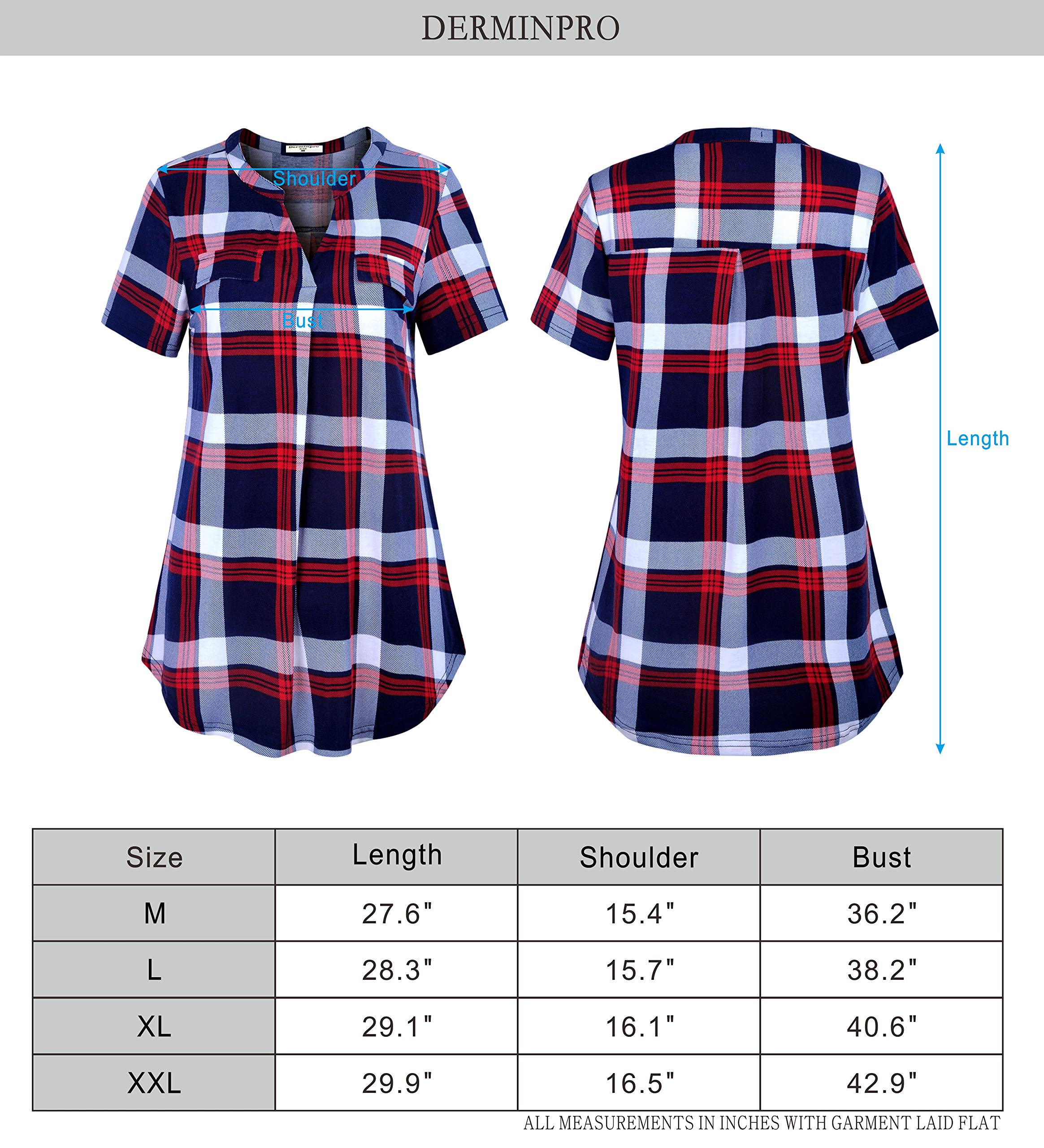 Derminpro Women\'s Plaid Tunics Summer Cute V Neck Cozy Lounge Short Sleeve Blouse Shirts Black Red Large
