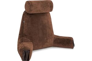 Husband Pillow Medium Chocolate, Backrest for Kids, Teens, Petite Adults - Reading Pillows with Arms, Adjustable Loft, Plush Memory Foam, Bed Rest Chair Sitting Up, Detach Neck Roll, Removable Cover