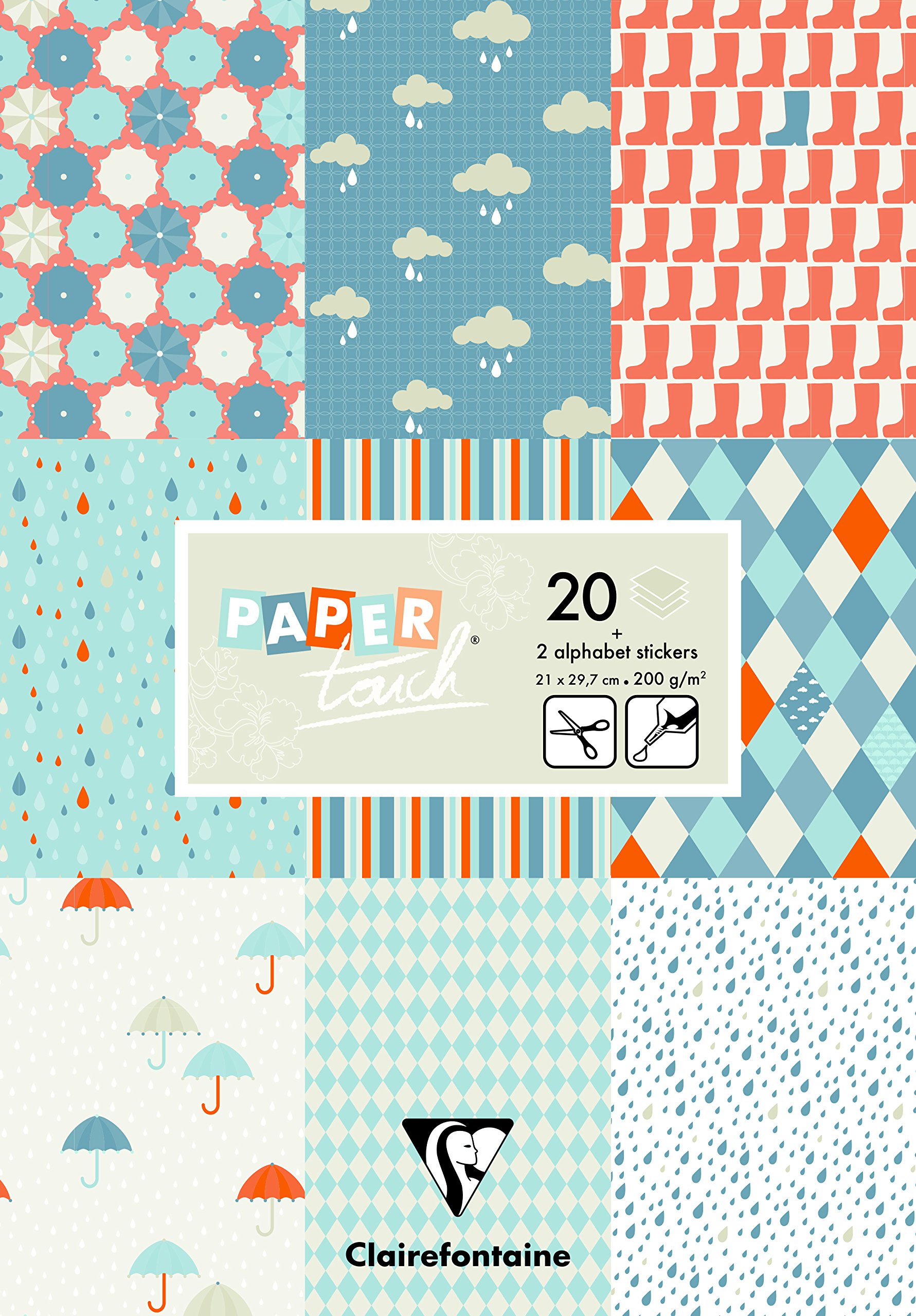 Clairefontaine 95240C - Pad of 20 Motif Sheets in 200g Cardstock Alphabet Stickers Cut-Out Labels A4 21x29,7cm Creative Leisure Scrapbooking Paper Rain