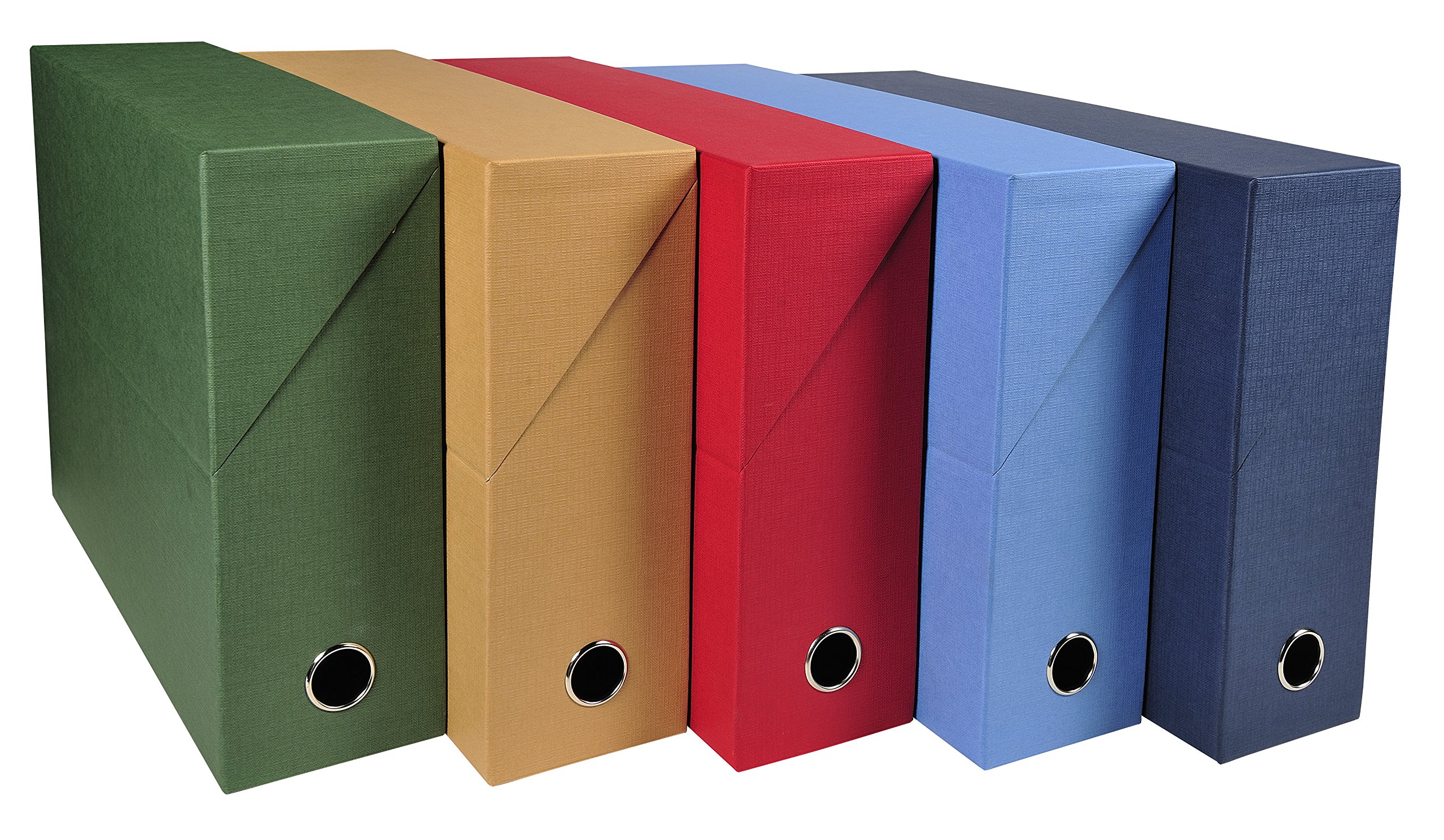 Exacompta - Ref 89520E - Canvas Transfer Box - 250 x 330mm in Size, Suitable for A4 Documents, 90mm Spine, Reinforced Metal Finger Hole - Assorted Colours (Pack of 5)