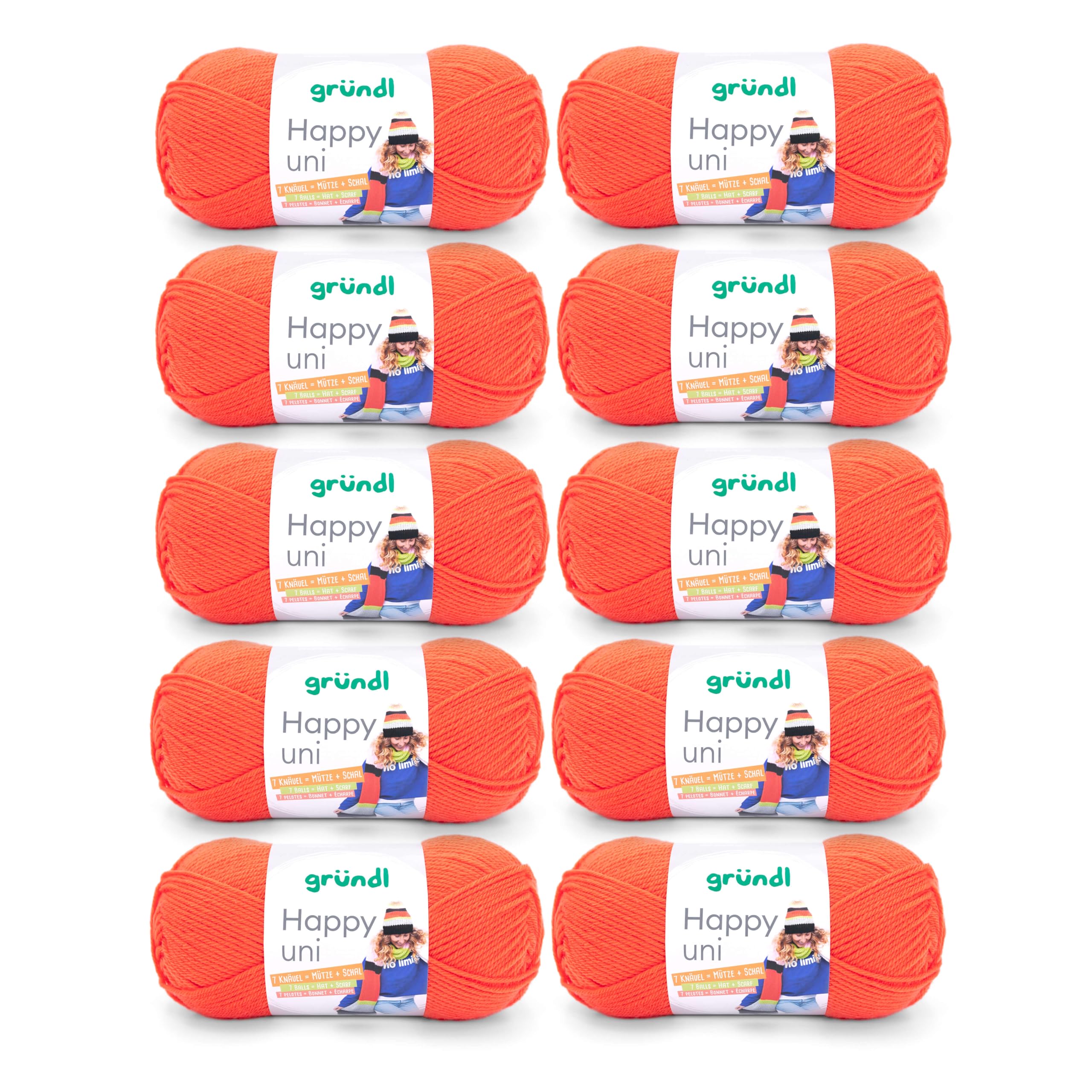 Gründl “Happy Uni”, 10x balls of 100 g knitting yarn, 100% acrylic, 40 cm x 39 cm x 9 cm, 100% Polyacrylic, Orange, 40 x 39 x 9 cm