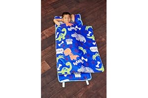 EVERYDAY KIDS Nap Mat with Removable Pillow - Roarin' Dinos - Carry Handle with Straps Closure, Rollup Design, Soft Microfiber for Preschool, Daycare, Travel Sleeping Bag - Ages 3-6 Years