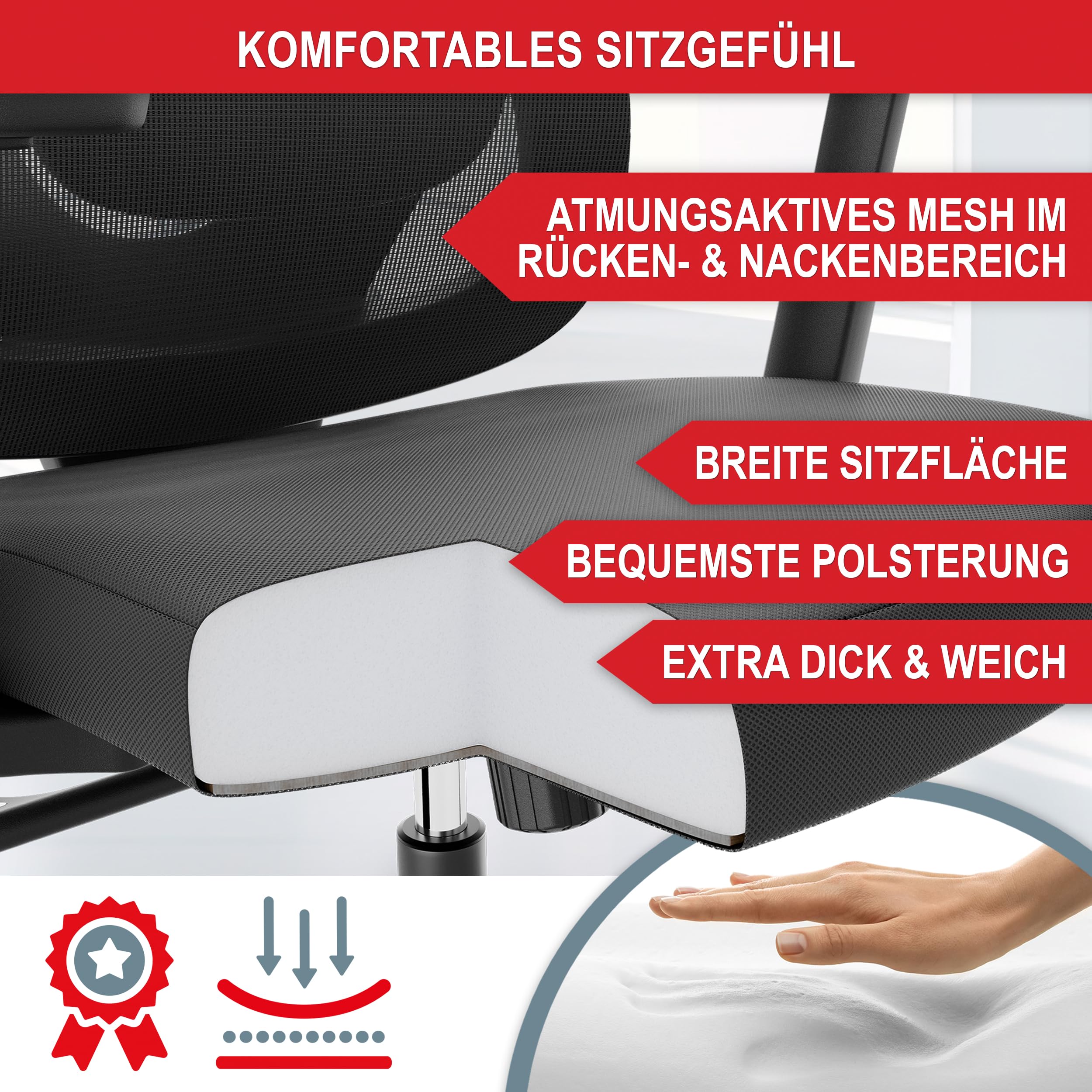 Onbest ergonomischer Bürostuhl für Homeoffice & Büro - mit Lordosenstütze, Verstellbarer Kopfstütze & Armlehnen - atmungsaktiver Mesh-Rücken, breite Sitzfläche, leise Rollen - bis 150 kg belastbar 5