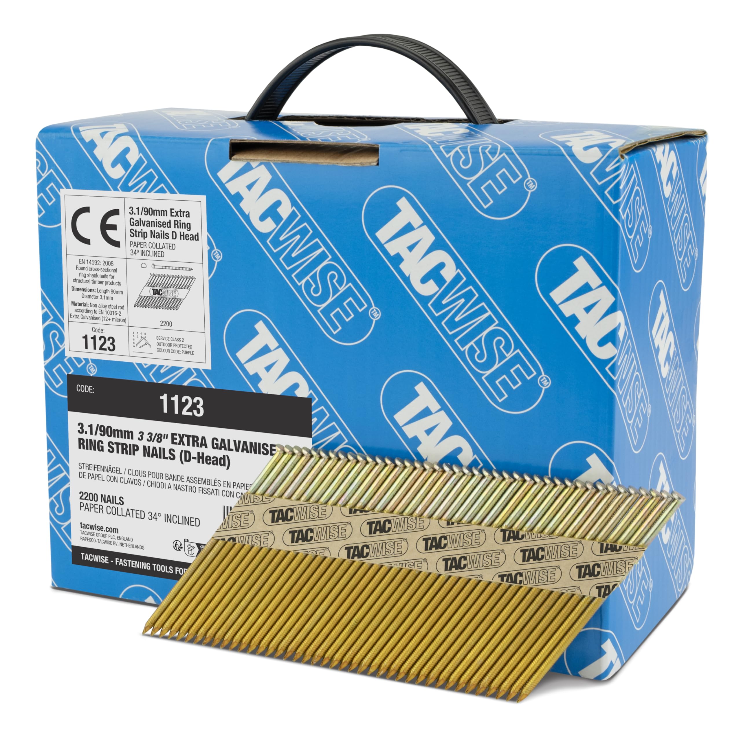 Tacwise 1123 3.1 / 90 mm Extra Galvanised Framing Nails, D Head, Ring Shank, 34° Inclined, Paper Collated, Pack of 2,200, Grey