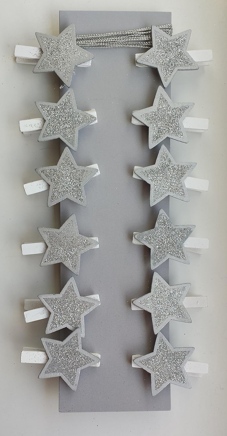 Christmas Card Holder Silver Glittery Stars (12 pegs) Amazon.co.uk