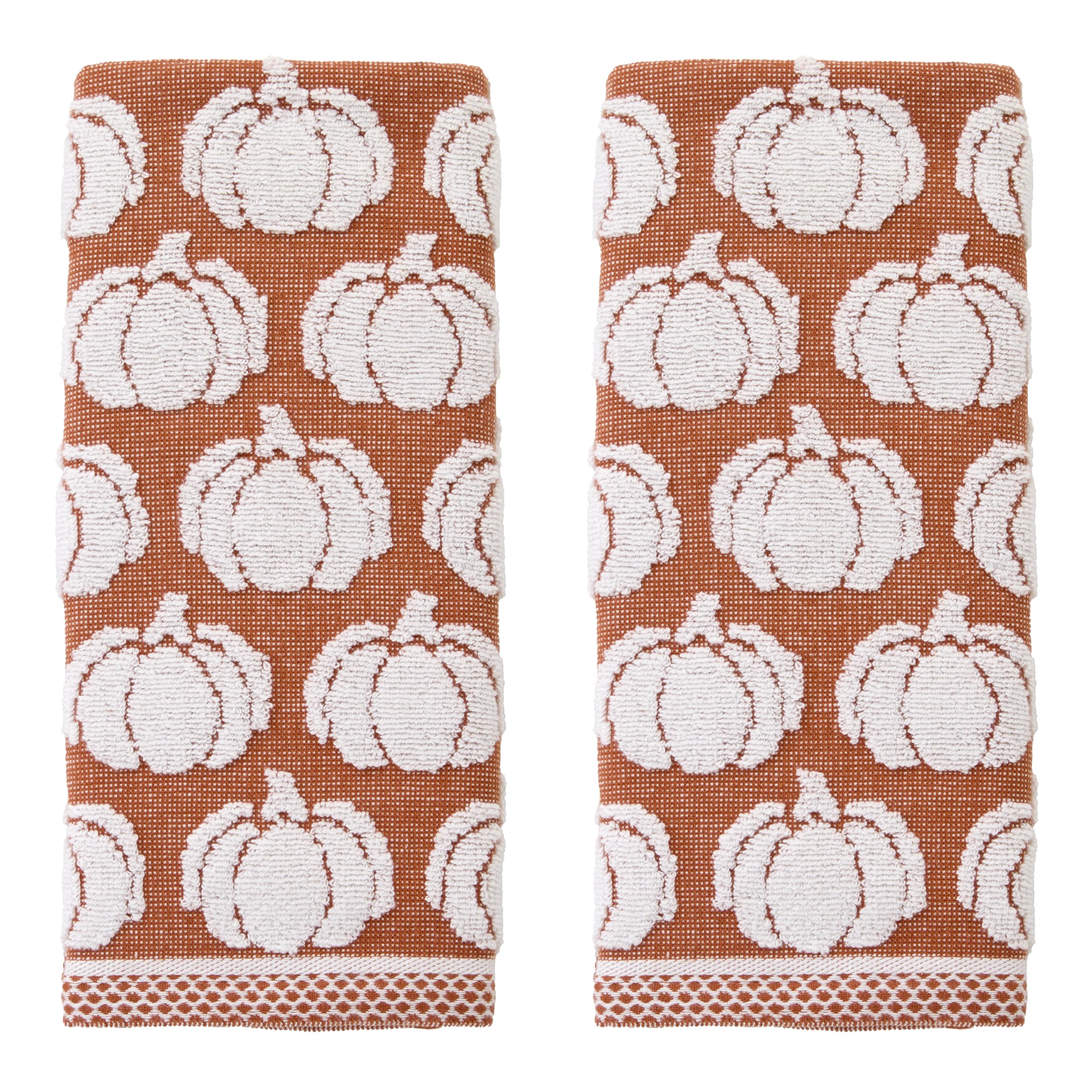 SKL Home Autumn/Fall/Thanksgiving Pumpkin Sculpted 100% Cotton Jacquard 2pc Hand Towel Set, Reversible, Soft & Absorbent, Decorative for Bath/Kitchen/Bar & Gift, Spice Image