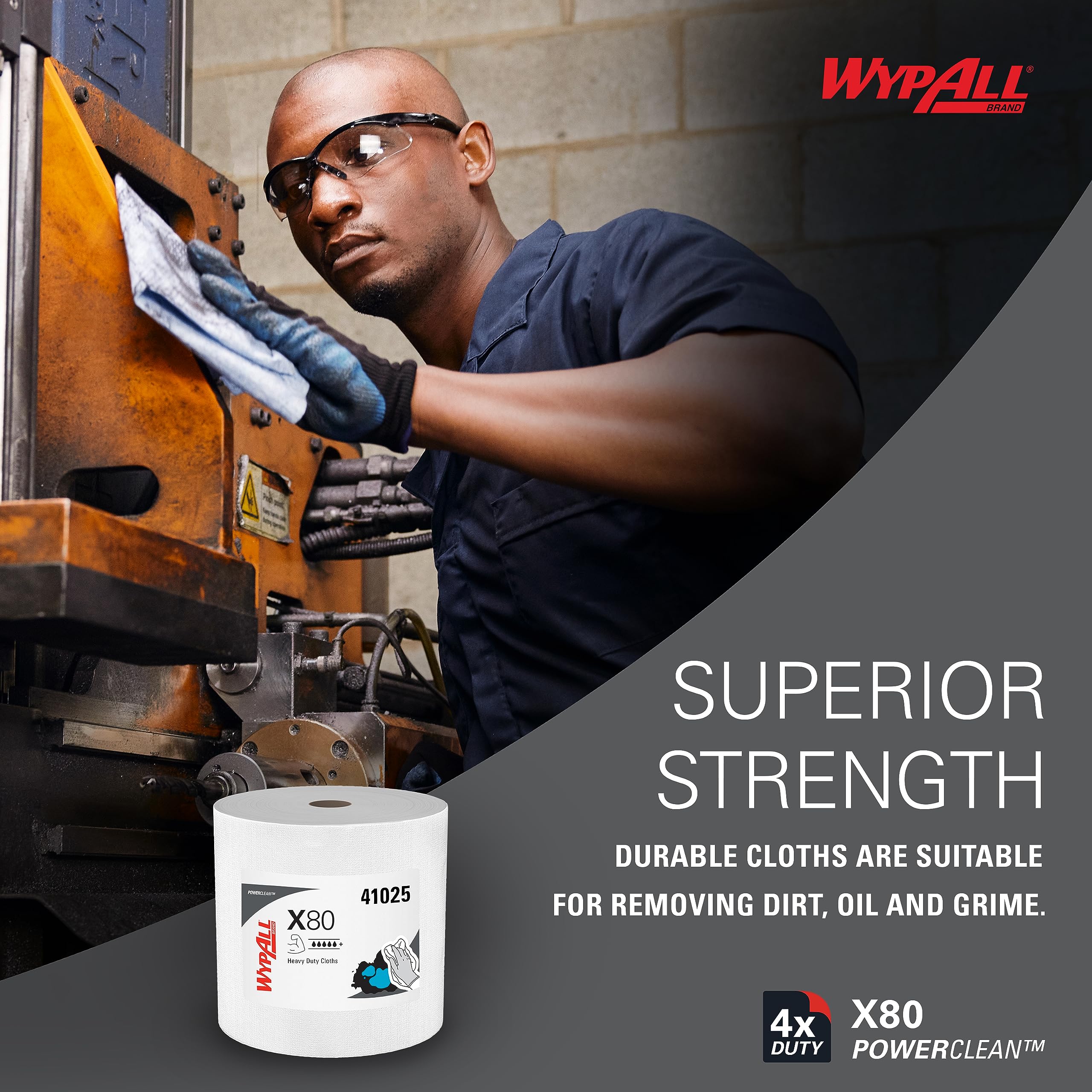 WypAll PowerClean X80 Cloths Heavy Duty Wipes (41025), Jumbo, Extended Use Towels, White (1 Roll of 475 Sheets, 475 Sheet Total)