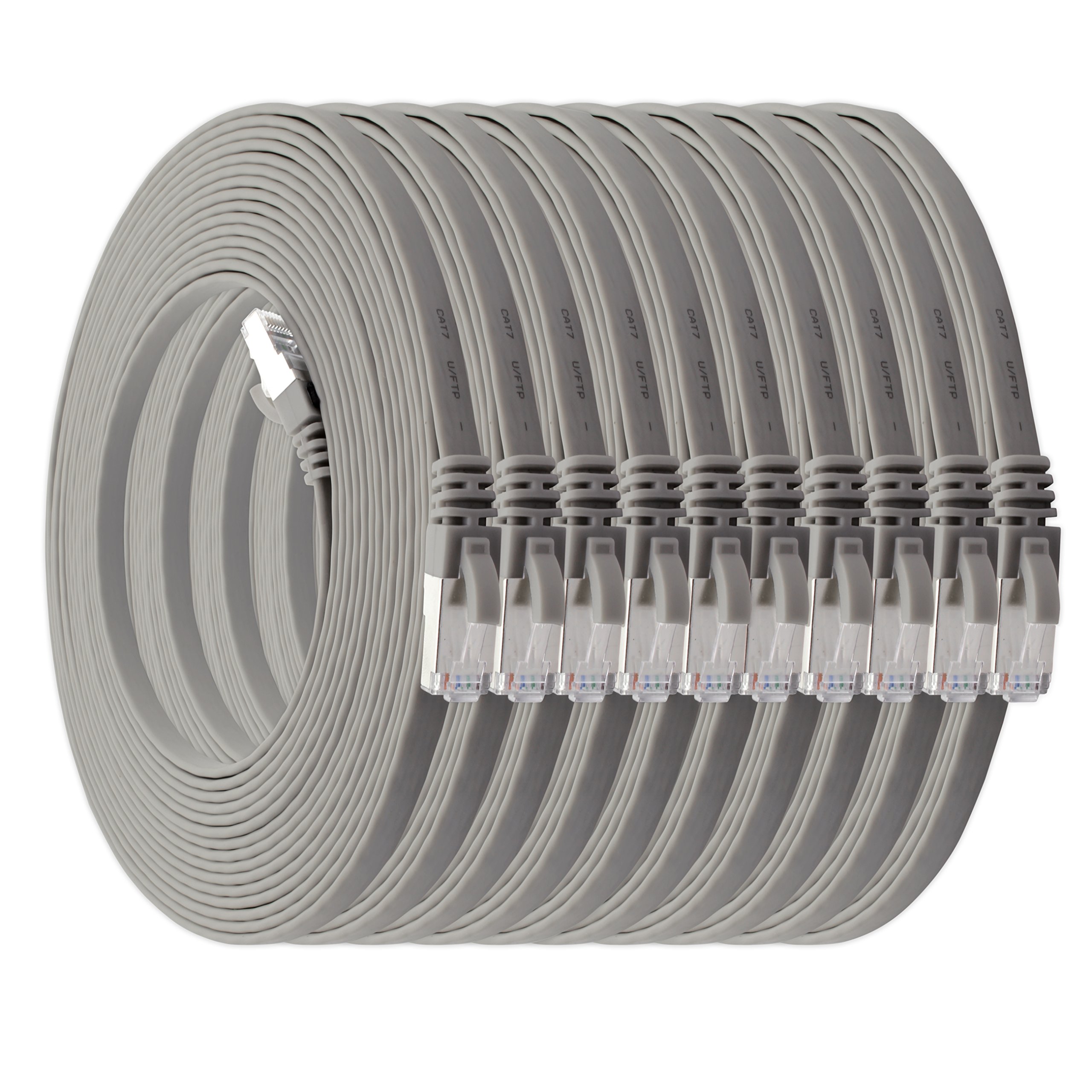 1aTTack.de 5m - gray - pack of 10 Cat7 flat cable network cable Cat 7 raw cable Gigabit Lan (10Gbit/s) ribbon cable installation cable patch cable flat slim Rj 45 plug Cat6a