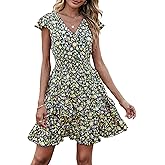 PRETTYGARDEN Womens Summer Dresses Boho V Neck Floral Print Ruffle Sleeve Layered Mini Dress Cute Smocked Waist Short Dress