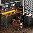 Huuger Reversible L Shaped Computer Desk with Drawers, Gaming Desk with LED Lights and Power Outlets, Office Desk with Storage, Corner Desk with Monitor Stand, for Home & Office, Rustic Brown