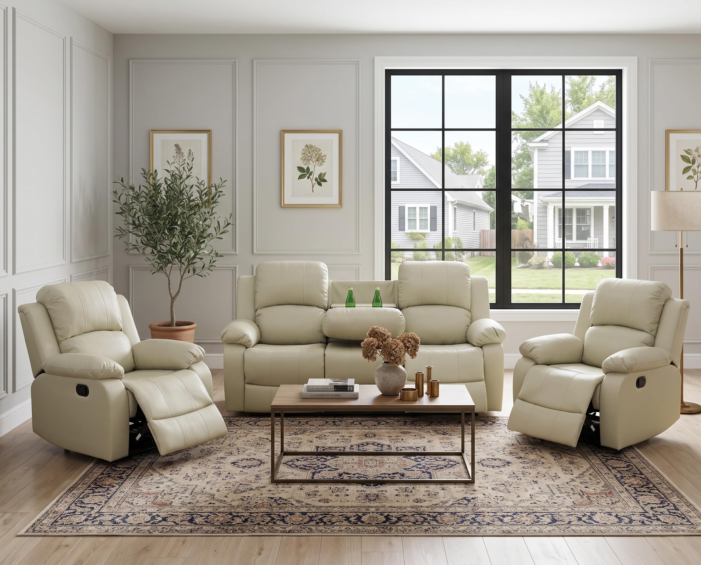 Seruancielo Manual Recliner Sofa Set, Bonded Leather Modern Living Room Furniture Sets, Reclining Couches with Drop-Down Table/Cup Holders for Home Bedroom Office Apartment (Beige, Sofa+2 Chairs)