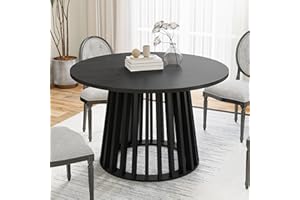 WESELON Round Dining Table for 4, Farmhouse 47 Inch Circle Kitchen Table, Rustic Dinner Table with Wood Strip Base for Dining Room Kitchen Living Room (Black)