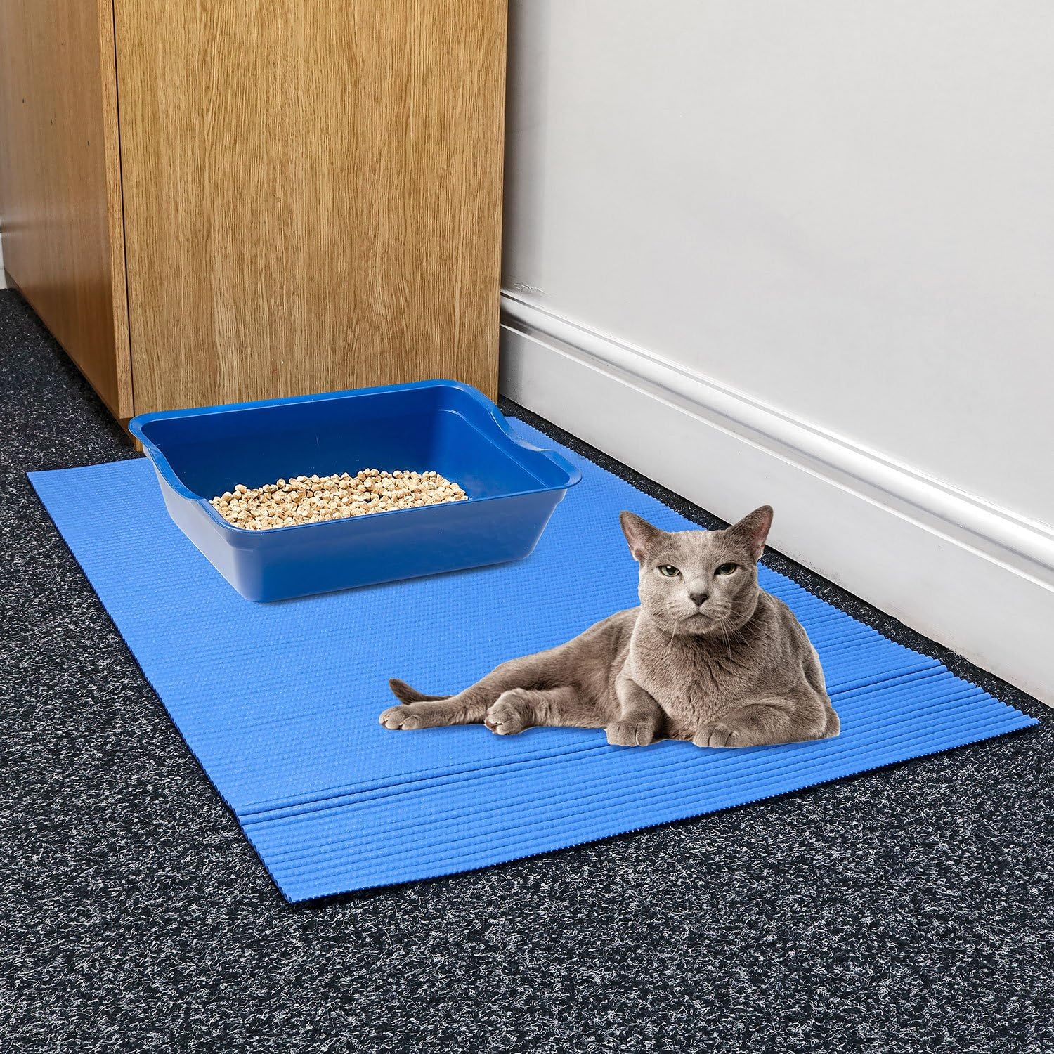 Prime Paws Large Cat Kitten Jumbo Litter Tray Floor Mat Feeding Paw Cleaning Scatter Control Floor Protection, 100 x 65cm (Blue)