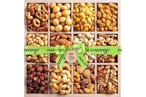 NUT CRAVINGS - Holiday Christmas Mixed Nuts Gift Basket in Reusable Wooden Tray + Green Ribbon (12 Assortments) Xmas Treats for Adults, Food Arrangement, Healthy Snack Care Package, Kosher