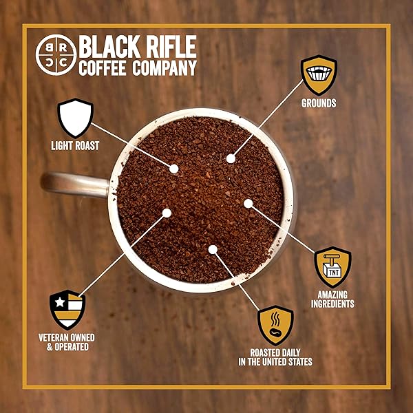 BLACK RIFLE COFFEE COMPANY GROUND COFFEE LIGHT ROAST – ROASTED BLEND MADE FROM PURE ARABICA BEANS – COLOMBIAN & BRAZILIAN BEANS – VETERAN FOUNDED & AMERICAN MADE (GUNSHIP ROAST, 12OZ BAG)