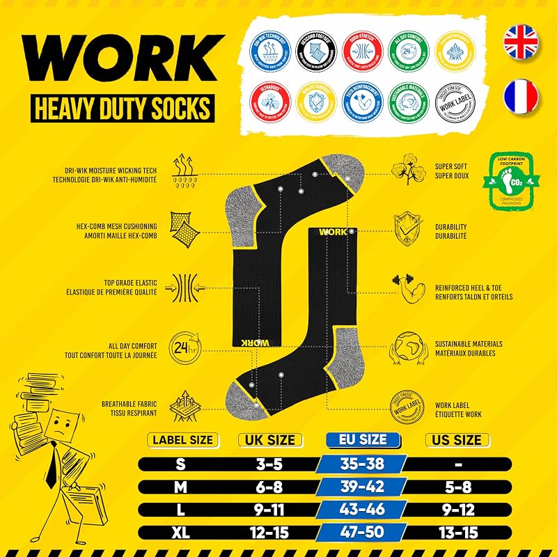 10 Paires Chaussettes de travail noires homme, mi-mollet | Technologie DRI-WIK d’évacuation de l’humidité | Talon et pointe renforcés | WORK socks lot de 10 paires, 43-46