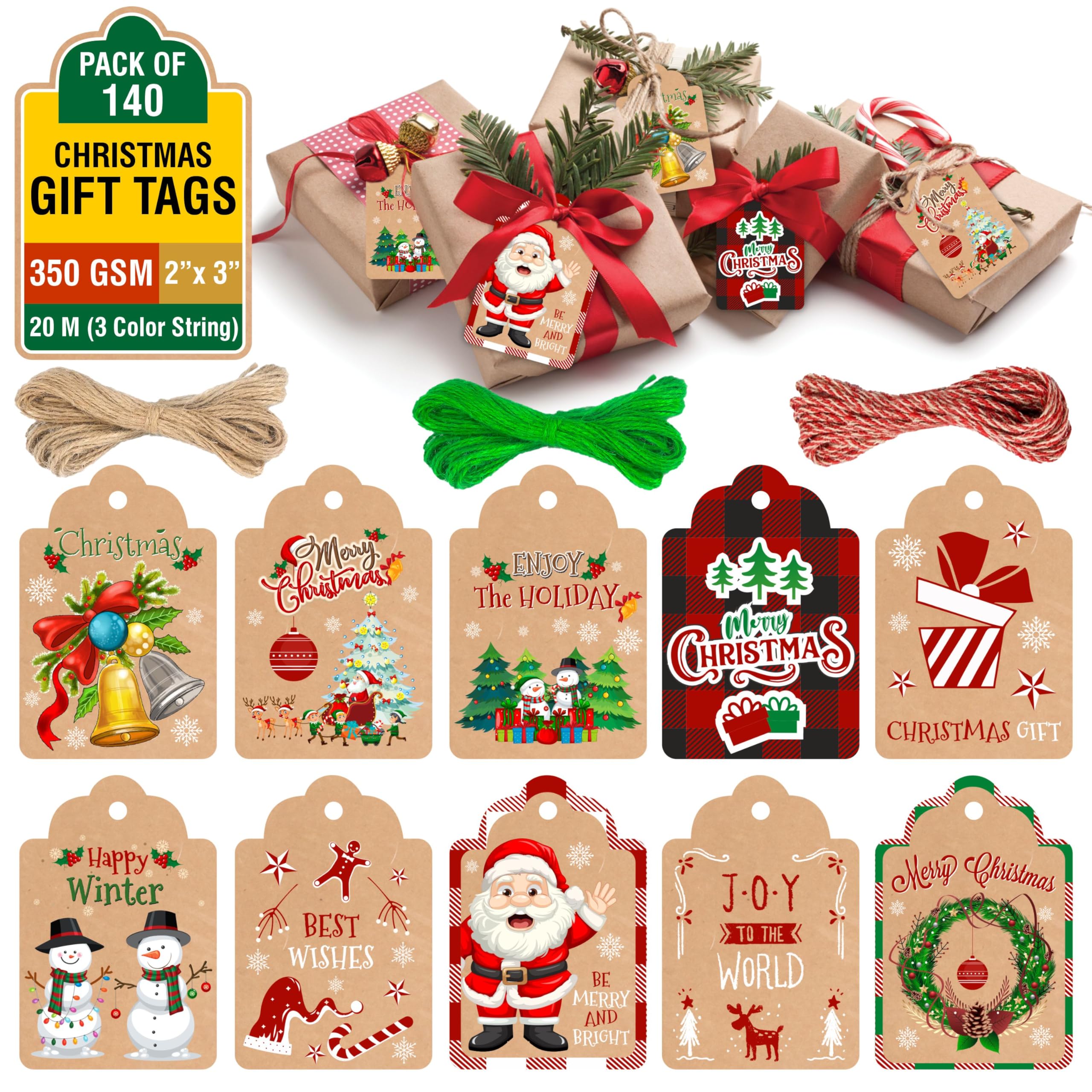 Gift Tags for Christmas 140 Pack with Twine String to Hang, Kraft Paper Tags 350 GSM for Gifts in Christmas Decorations & Name Labels with Holes Brown, Red, White & Green.