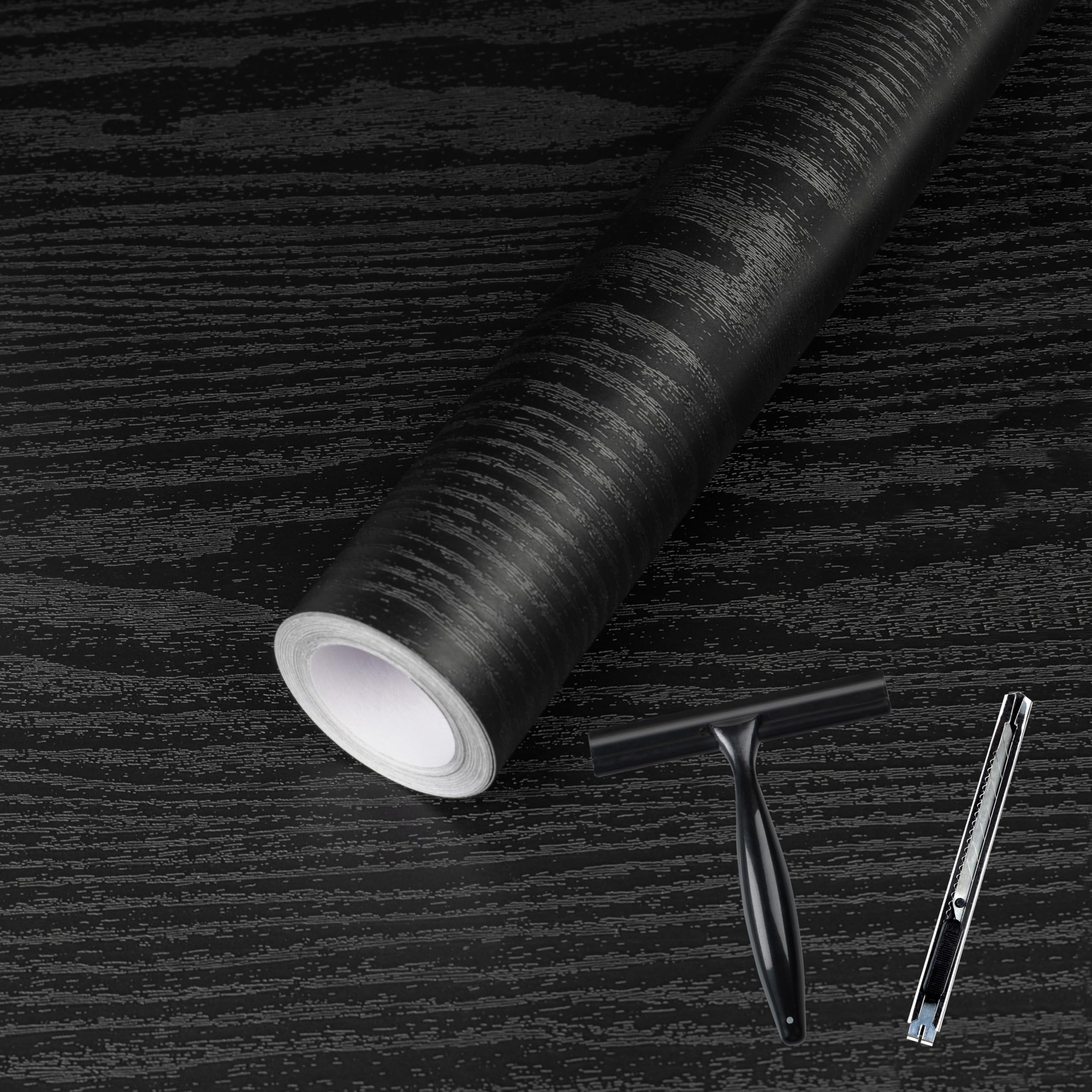 Photo 1 of Abyssaly Black Wood Grain Contact Paper Peel and Stick Wallpaper Wooden Look Self-Adhesive Thicken Wallpaper Vinyl Wrap for Kitchen Countertops Shelf with Scraper, Paper Cutter 17.7" x 236"