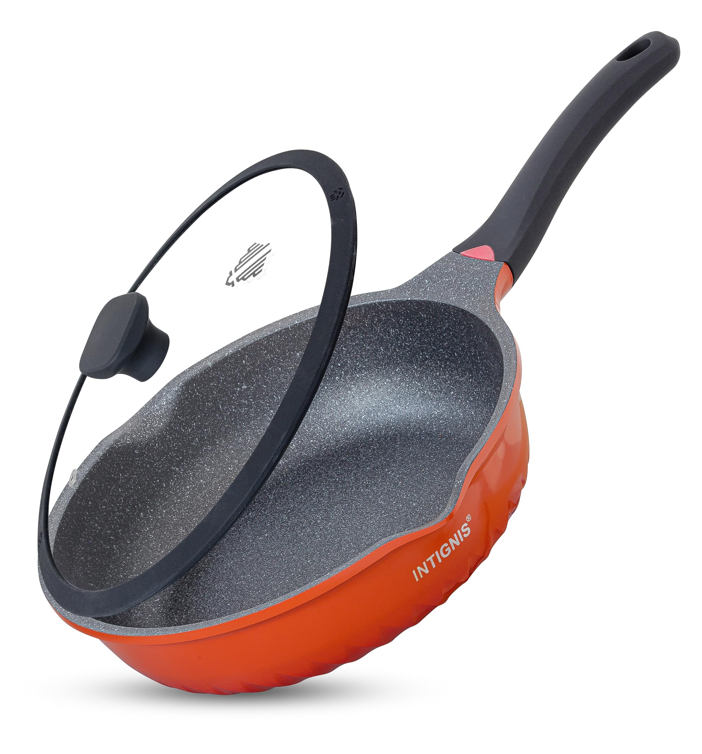 Deep Non-Stick Frying Pan with Lid – 3-in-1 Sauté Pan, Skillet & Mini Wok – GREBLON Ceramic Coating | Induction Hob Safe | Stainless Steel Base |PTFE & PFOA Free (Orange, 28 cm)