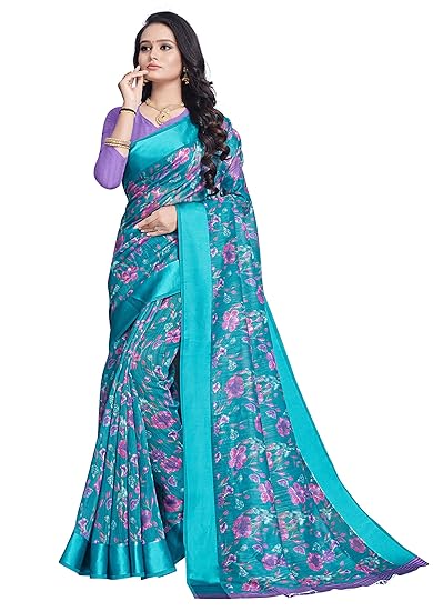 Fevinaa Womens Digital Linen Printed Saree with Blouse Piece (SK116, Multicolour)