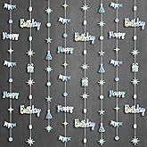KatchOn, Iridescent Happy Birthday Garland Banner - 6.5 Feet, Pack of 8 | Silver Hanging Garland for Happy Birthday Decorations | Disco Theme Party Decorations | No DIY