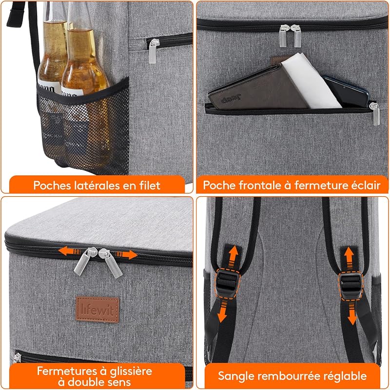 Sac a Dos Isotherme, Grand Sac à Dos Isotherme Repas Adulte, Sac Isothermes Repas, Glaciere Étanche Souple Portable pour Pique-Nique, Plage, Camping, Voyage, Gris, 21L