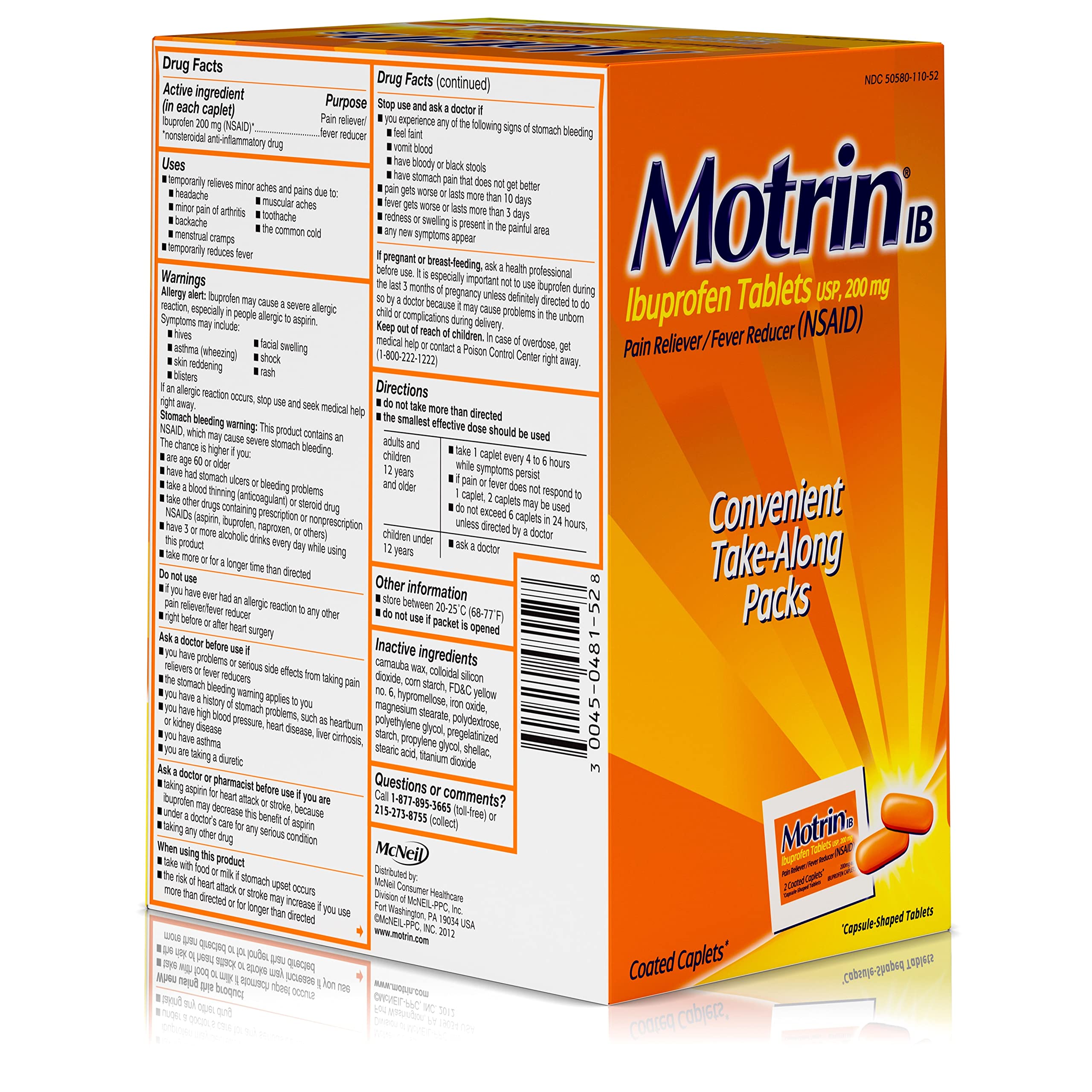 Motrin IB, Ibuprofen 200mg Tablets, NSAID Pain & Fever Reliever for Headache, Backache, Muscular Aches, Arthritis Pain Reliever, 50 Travel Packets of 2, 100 ct