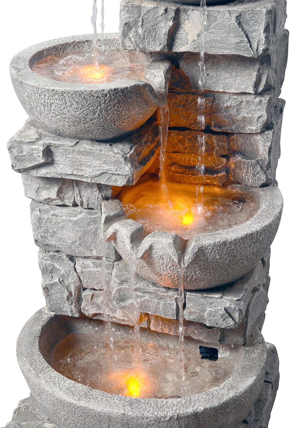 Peaktop 201601PT Floor Stacked Stone 4 Tiered Bowls Waterfall Water Fountain for Outdoor Patio Garden Backyard Decking with Led Lights and Pump, 33" Height, Gray : Garden & Outdoor