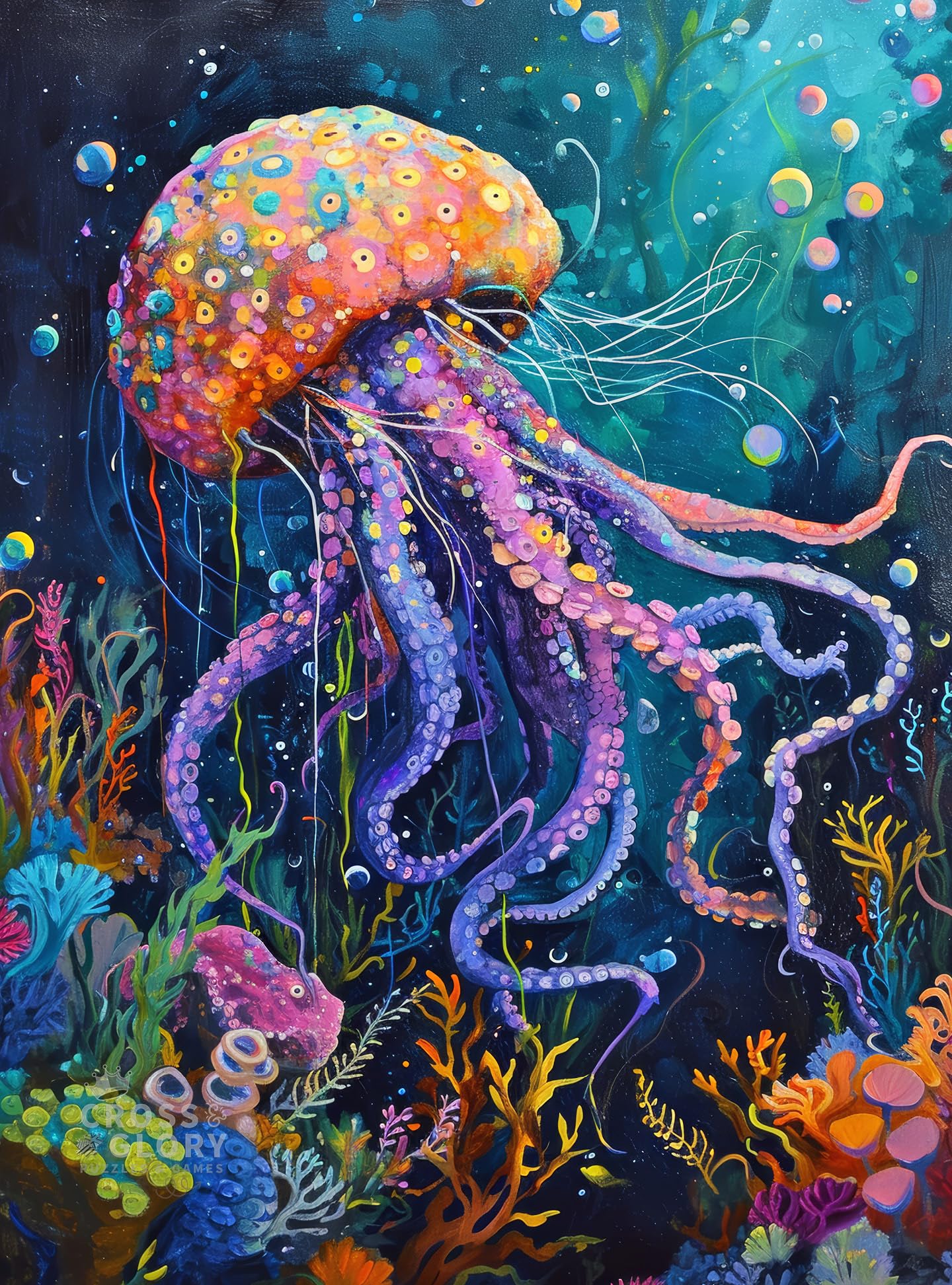 Cross & Glory - Ocean’s Opus: The Majestic Medusa - Jigsaw Puzzles 1000 Pieces for Adults | Marine Ocean Artwork Puzzle | Challenging Brain Teaser | Firework Jellyfish Design