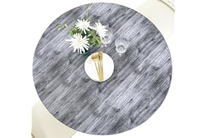 Rally Home Goods Indoor Outdoor Patio Round Fitted Vinyl Tablecloth, Flannel Backing, Elastic Edge, Waterproof Wipeable Plastic Cover, Gray Barn Wood Grain Plank for 6-Seat Table 43-56’’ Diam