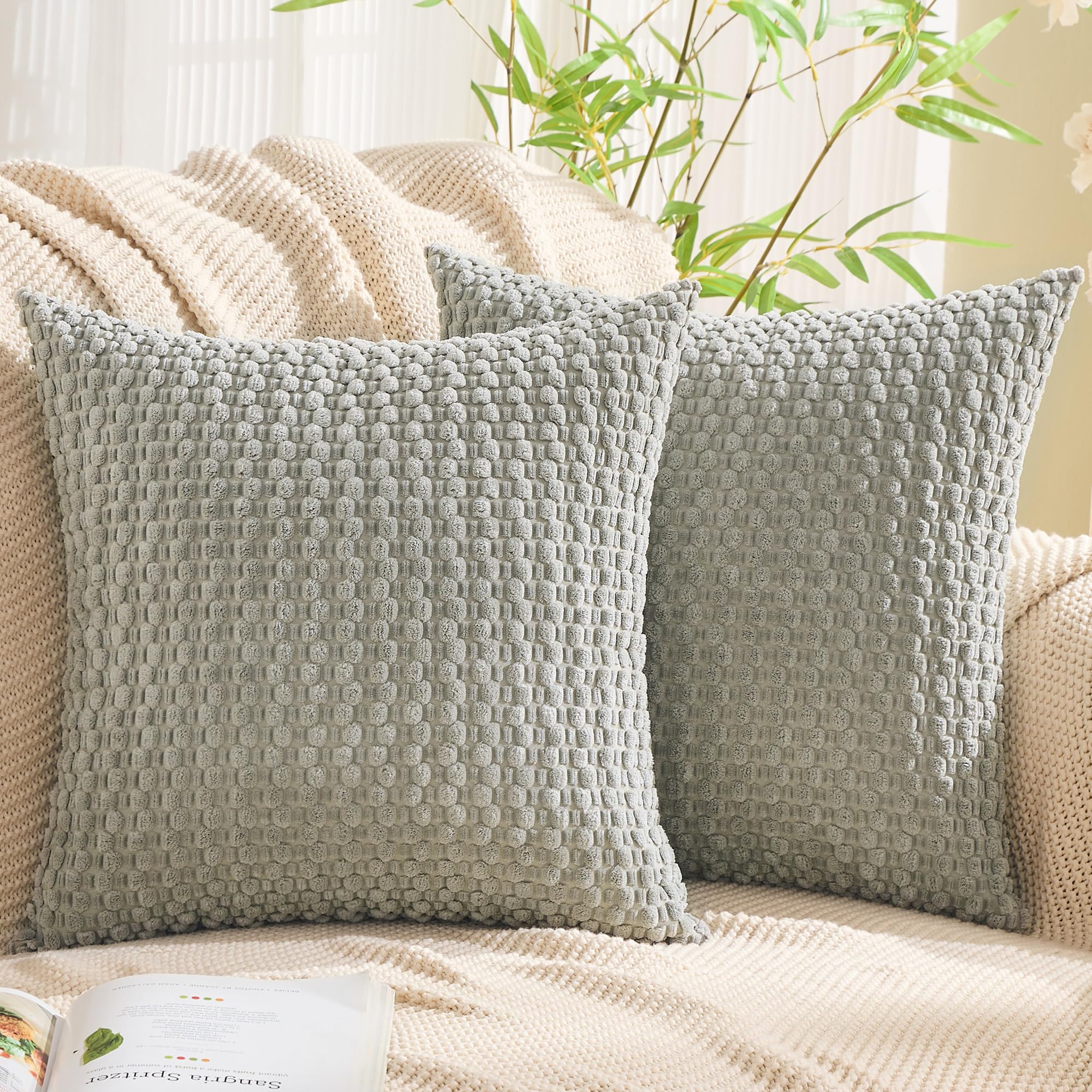 GAWAMAY Decorative Throw Pillow Covers 24x24 Inch Set of 2 for Living Room Couch Bed Sofa, Farmhouse Square Cushion Cover Soft Striped Corduroy Pillow Cases Boho Accent Home Decor (60x60cm) Light Grey