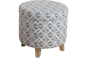 Homepop Home Decor | Upholstered Round Storage Ottoman | Ottoman with Storage for Living Room & Bedroom with Flared Legs, Navy Blue Geometric Pattern Large