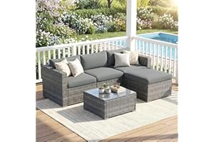 Wisteria Lane 5-Pieces Outdoor Patio Furniture Set, All Weather Wicker Rattan Sectional Sofa, Patio Conversation Set with Cushions & Glass Coffee Table for Backyard Porch Garden Balcony, Grey