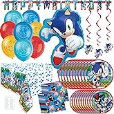 Sonic Birthday Party Decorations - 32 Plates, Tablecloth, Banner, Balloons, Swirls, Napkins, Checklist - Complete Party Pack for 16 - Officially Licensed