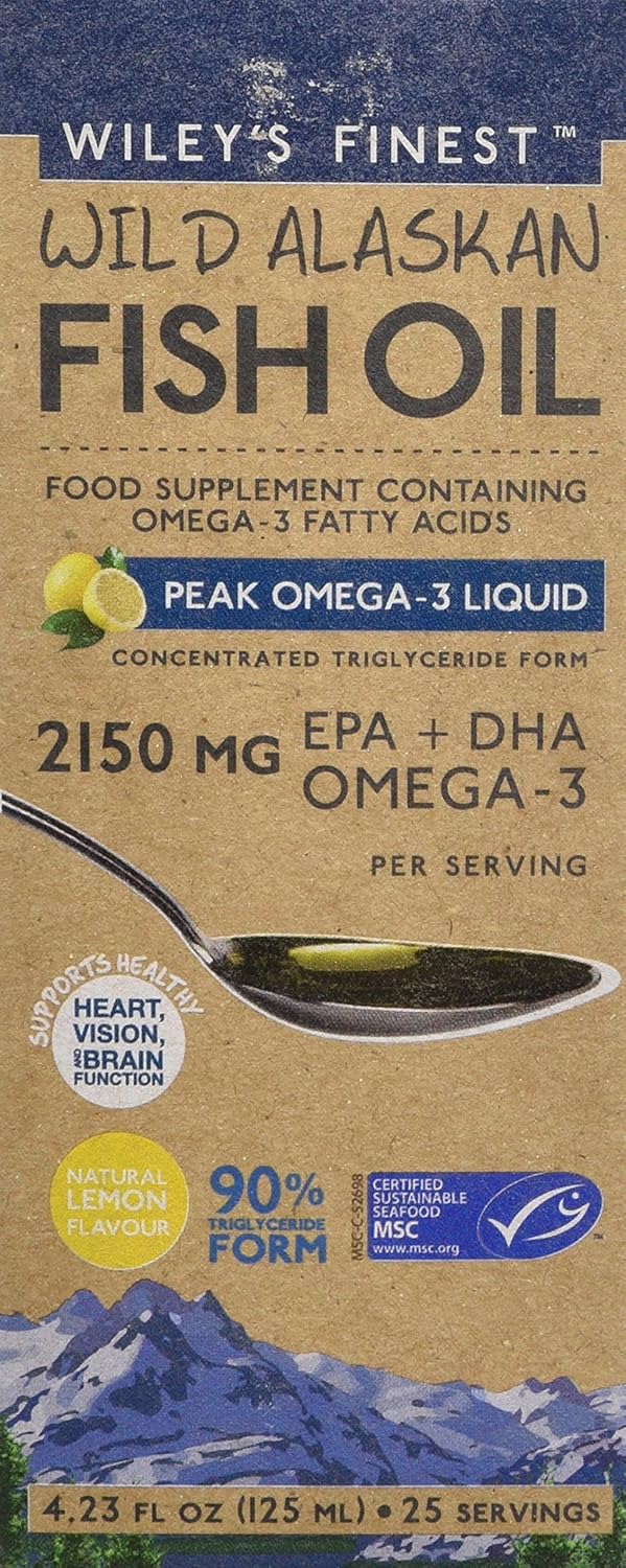Wiley’s Finest Wild Alaskan Fish Oil Peak Omega-3 Liquid Supplement, 2300mg EPA and DHA Omega-3s, Lemon Flavor