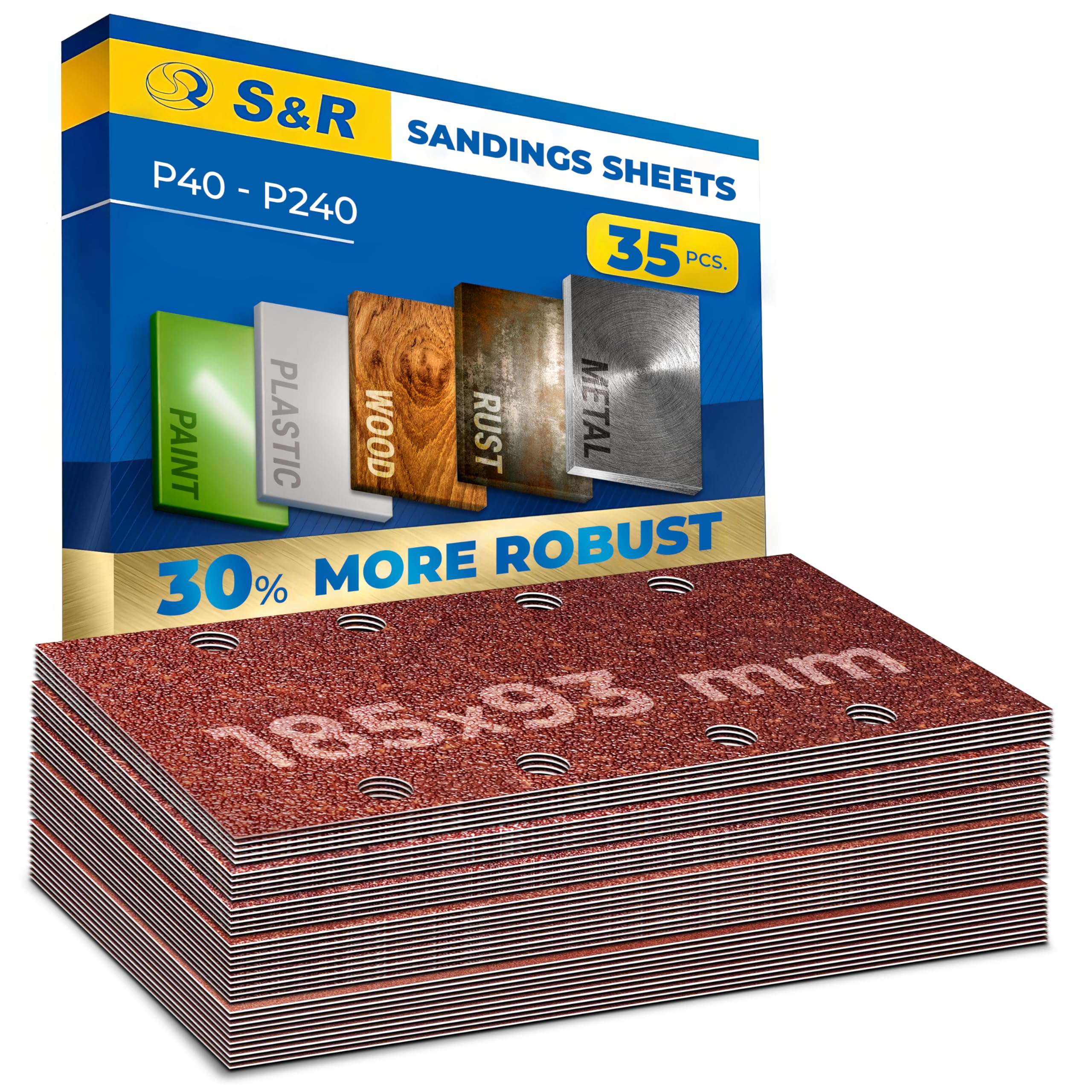 S&R Professional Sandpaper Set – 35-Piece Sanding Sheets (93 x 185 mm) | 5 Grits: P40–P240 | Hook-and-Loop Sanding Strips for Sanders | For Wood, Metal, Plastic & More