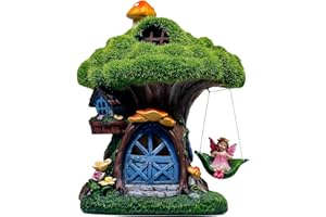TERESA'S COLLECTIONS Fairy House Garden Statues with Solar Outdoor Light,Green Moss Resin Outdoor Cottage with Swinging Fairy,Lawn Ornaments Garden Gift for Mom Housewarming Birthday Yard Decor,7.95"
