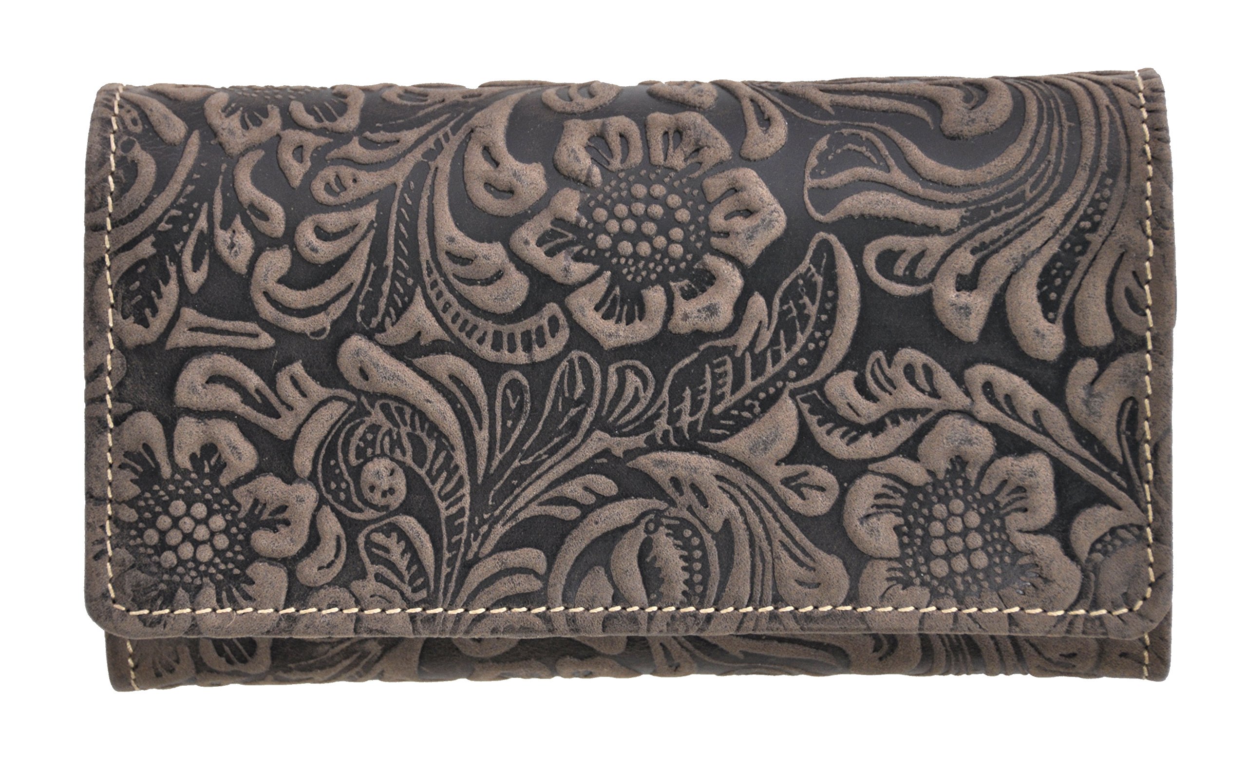 Jockey Club Feminine Women's Wallet with RFID Protection, Embossed Full Cowhide Leather, Floral Motifs, Tendrils and Flowers, brown, S, coin purse