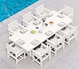 SERWALL 9 Piece Outdoor Dining Set, 84" HDPE Outdoor Table and Chairs for 8,All Weather Patio Furniture Set with Umbrella Hole for Backyard, Garden, White