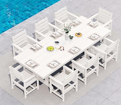 SERWALL 9 Piece Outdoor Dining Set, 84" HDPE Outdoor Table and Chairs for 8,All Weather Patio Furniture Set with Umbrella Hole for Backyard, Garden, White