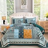 WONGS BEDDING Green Quilt Set King Size, 3 Pieces Boho Quilt Patchwork Quilt Reversible Lightweight Microfiber Farmhouse Floral Pattern Bedspreads Bedding Set for All Seasons (104"x 90")