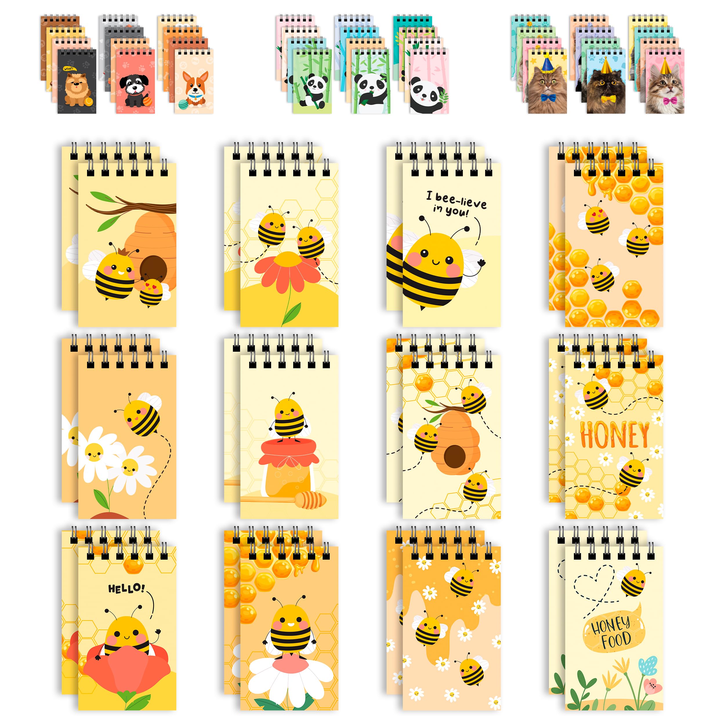Decorably 24 Pack Bee Mini Notepads - 12 Inspirational Designs 2.4x4in Mini Notebooks for Party Bags, Spring-Bound 20 Sheets