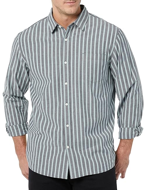 Amazon Essentials Men's Long-Sleeve Regular-Fit Stretch Poplin Shirt, Navy Stripe, Small