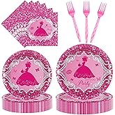 96Pcs Let's Go Party Plates & Napkins, Princess Birthday Party Tableware Set, Pink Disposable Plates, Forks, Bachelorette Girl Napkins for 24 Guests