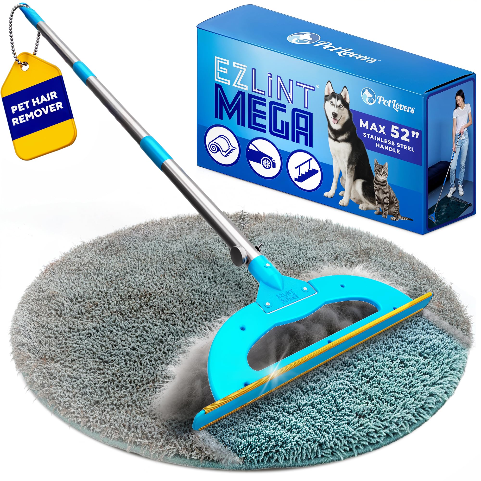 Photo 1 of PetLovers EzLint Mega 52" Carpet Rake & Pet Hair Removal Tool – Dog & Cat Hair Remover Broom with Adjustable Handle & Extra Wide Head for Carpets, Rugs & Stairs Ocean Blue