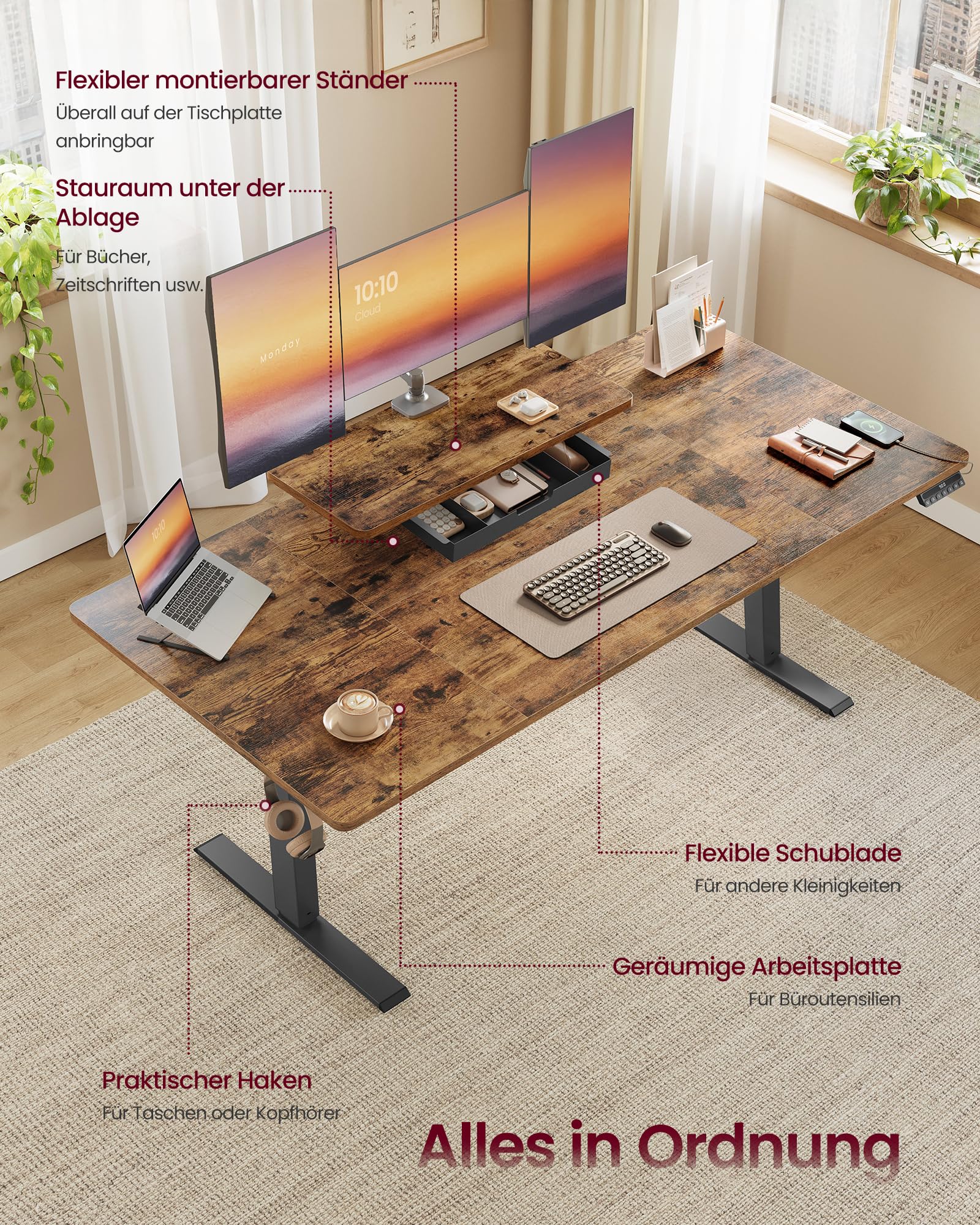 VASAGLE Höhenverstellbarer Schreibtisch, 160 x 80 cm, flexibel montierbarer Monitorständer, Schublade, USB-C-Anschluss, Erinnerung bei langem Sitzen, für Büro, vintagebraun LSD156KD01 6